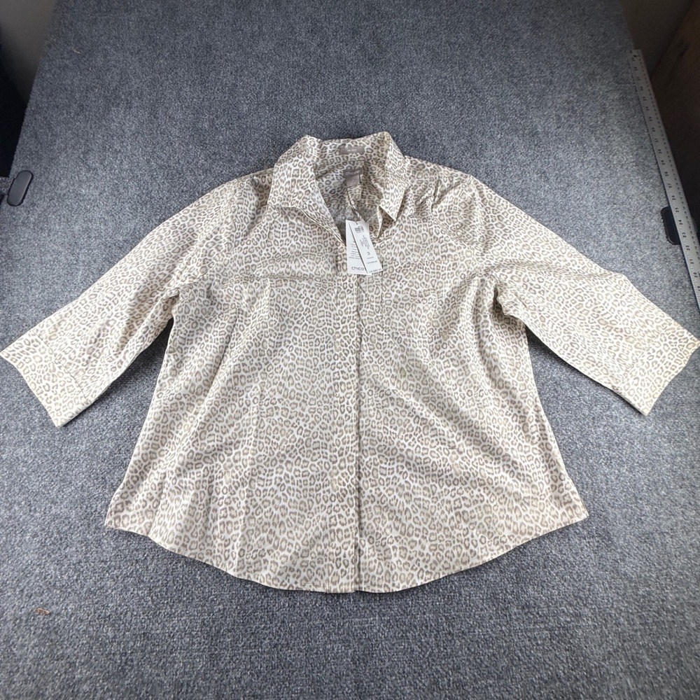 Chicos No Iron Cotton Leopard Print Shirt Sand 3/4 Sleeve Size 3 XL 16/18